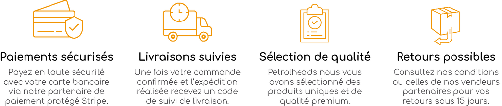 Services et garanties paiement, livraison, retours - sélection premium d'articles pour petrolheads et passionés d'automobile, de moto et de vélo