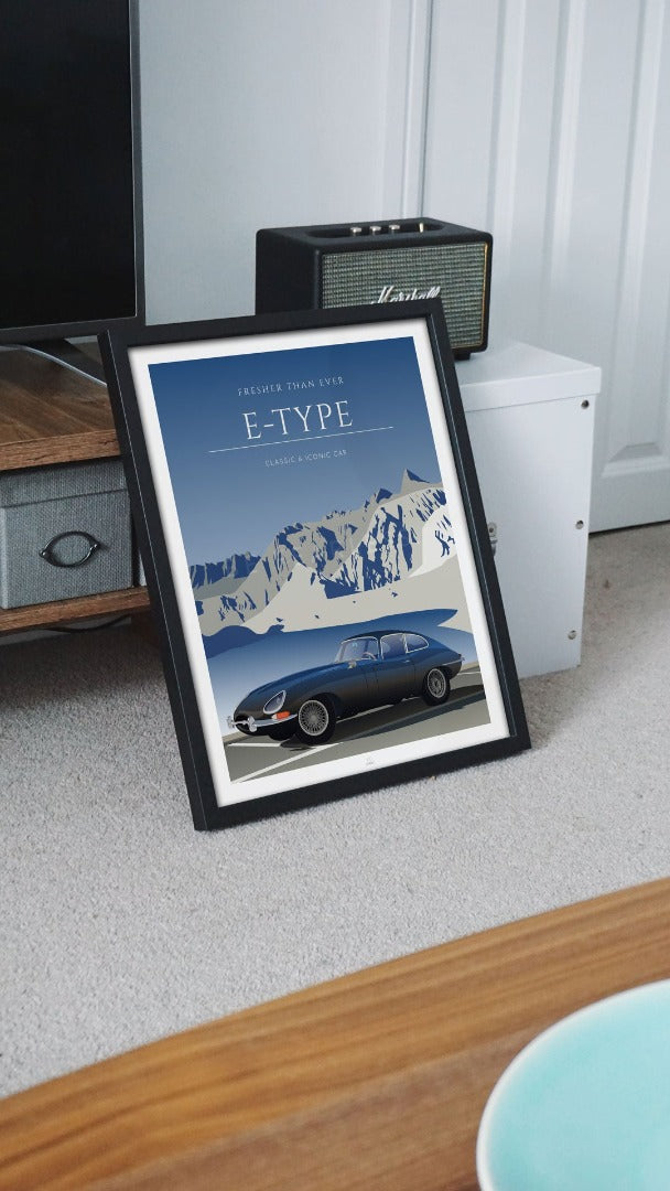 Affiche auto FRESHER THEN EVER E-TYPE inspirée du modèle Jaguar Type-E - illustration ONIRIC