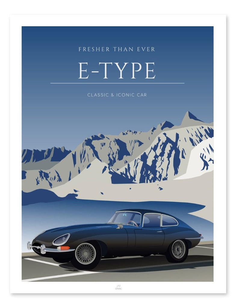 Affiche auto FRESHER THEN EVER E-TYPE inspirée du modèle Jaguar Type-E - illustration ONIRIC