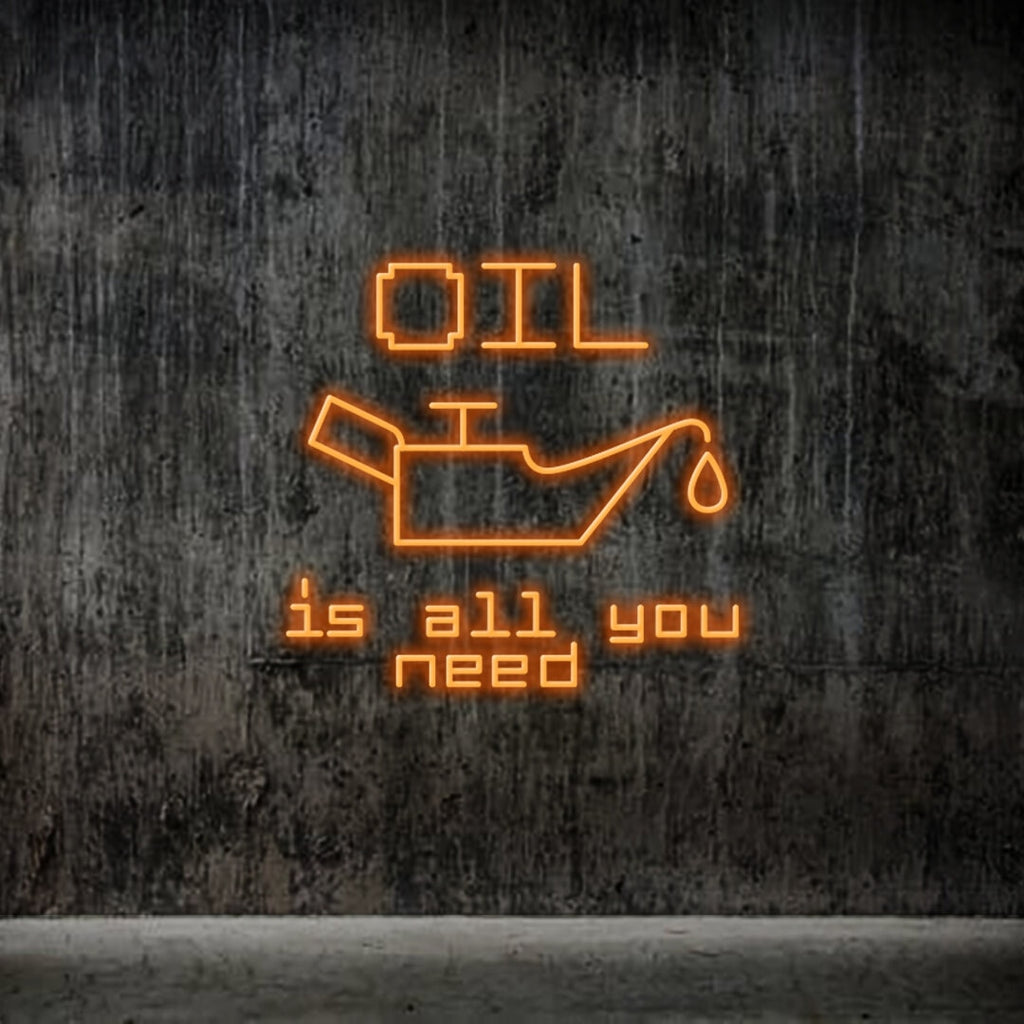 Néon lumineux "OIL IS ALL YOU NEED" orange par ONIRIC et La Maison du Néon