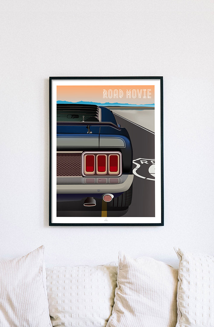 Affiche auto - "ROAD MOVIE" - Ford Mustang Mach 1 351 sur route 66 - ONIRIC 