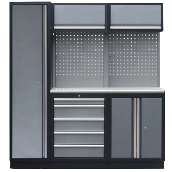 Etabli de garage - 5 éléments avec armoire - Set 1.3 plateau inox